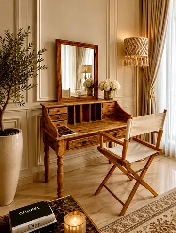 Solid Wood Vintage Writing Desk with Mirror and Chair -