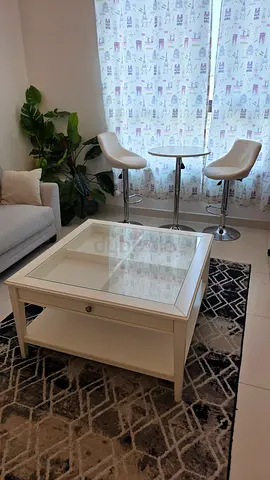 White Coffee Table with Glass Top and Storage Drawer