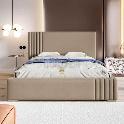 Modern upholstered double bed with padded headboard - beige