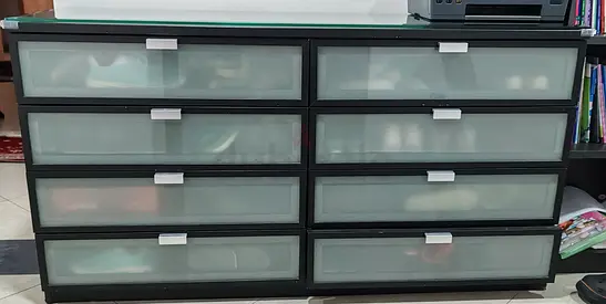 Black 8-Drawer Plastic Storage Chest with Frosted Drawers - Good Condition