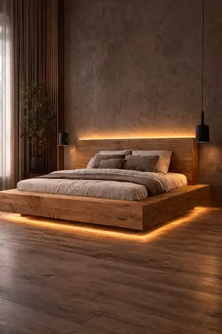 Solid Wood Platform Bed with Integrated LED Base - Queen/King (As Shown)