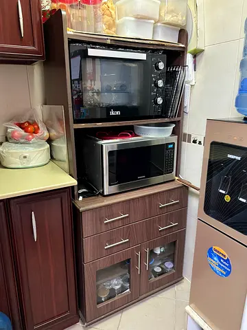 Custom Heavy-Duty Kitchen Pantry Unit & Microwave Stand (Wood Finish + Glass Doors)