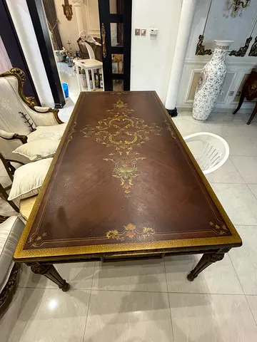Classical Style Rectangular Wooden Dining Table with Gold Inlay Decor