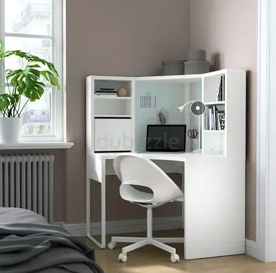 White Corner Workstation with Built-in Shelves & Chair