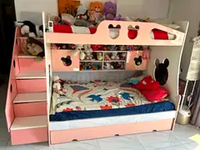 Pink Mickey-themed Bunk Bed with Stairs and Storage - Good Condition