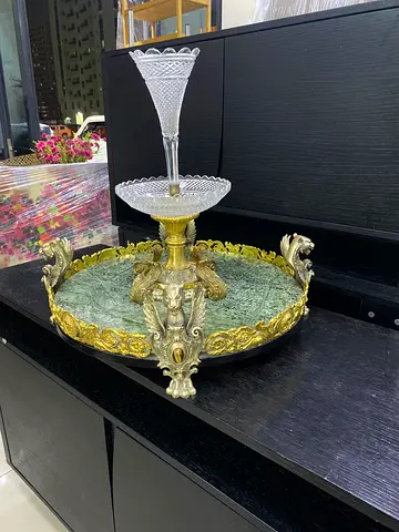 Luxury Green Marble Centerpiece with Crystal Bowl & Four Griffin-Style Sculptures | Premium Home Déc