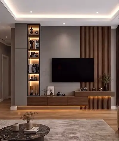 Modern wall-mounted TV entertainment unit with built-in shelves and LED lighting
