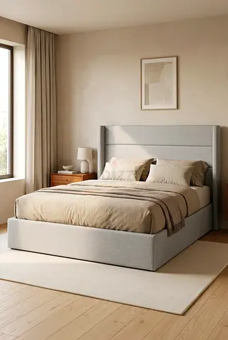 Modern Grey Upholstered Bed Frame with Winged Headboard