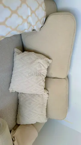 Beige 3-seater, 2 seater fabric sofa with cushions and wooden table - good condition