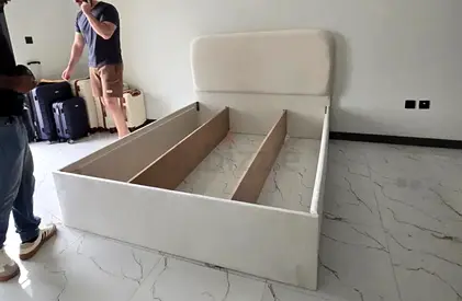 Queen size upholstered bed frame with storage base - cream
