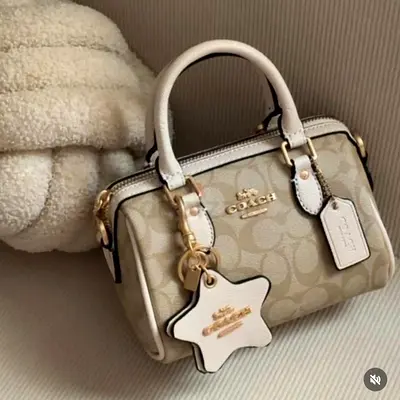 Coach mini satchel bag in beige signature canvas with white leather trim