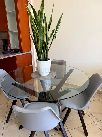Round glass dining table with 4 chairs — modern set