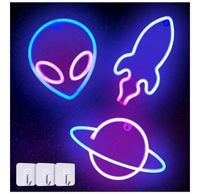 Set of 3 Space Themed LED Neon Sign Collection - Alien Rocket and Saturn