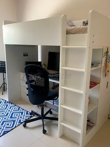 White loft bed with built-in desk and shelving - good condition.