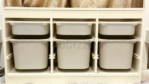 IKEA TROFAST storage unit with 6 beige bins - good condition