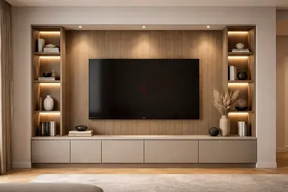 Built-in wood entertainment unit with open shelving and TV mount