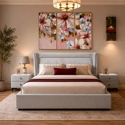 Light gray linen open wings super king bed frame