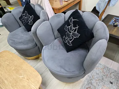 Pair of Grey Velvet Round Petal Accent Chairs with Cushions