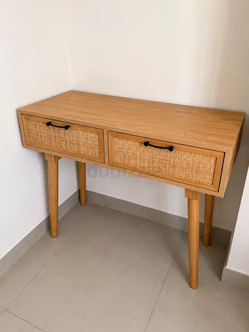 Light Wood Desk Table with Woven Drawer Fronts - Good Condition