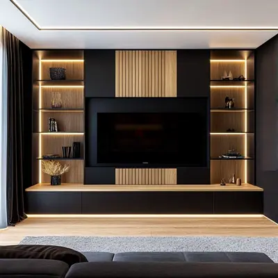 Modern built-in entertainment center with LED shelves and TV unit