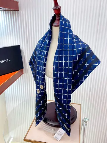 Chanel navy silk scarf with white grid pattern - authentic style