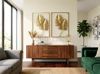 Pair of Gold Metal Tropical Leaf Wall Hangings - Set of 2 (60 x 40 cm each)
