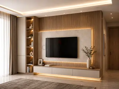 Modern wooden TV entertainment wall unit with LED lighting