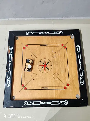 Wooden Carrom Board Set with Strikers and Coins - Good Condition