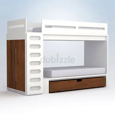Modern White and Wood Bunk Bed with Storage Drawer