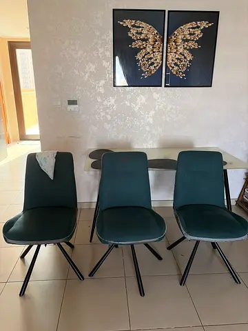 Set of 3 Modern Velvet Dining Chairs in Green with Metal Legs
