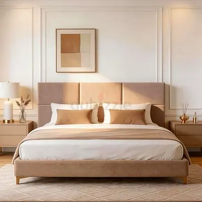Beige upholstered queen bed with padded headboard