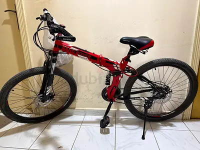 Folding Mountain Bike — Red 26" Frame, Dual Suspension, Good Condition