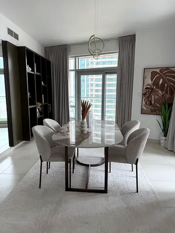 Full Dining Room - Ceramic Top Dining Table with 4 Upholstered Chairs and Carpet