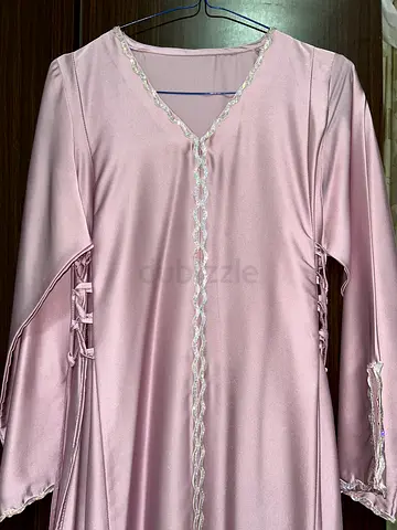Light Pink Modest Long Dress / Abaya with Lace Trim