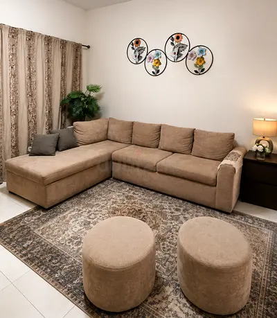 L-Shaped Sofa Set + 2 Round Ottomans for Sale