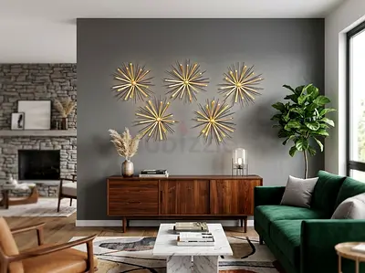 Set of 5 Mid-Century Style Metal Starburst Wall Sculptures - Gold/Black (30 cm each)