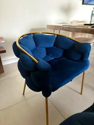 2 Blue Velvet Accent Armchair with Gold Frame - and 4 beige chairs Good Condition