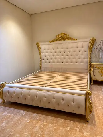 Royal Tufted Bed Frame with Gold Carved Detail