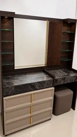 Modern dressing table with mirror, glass shelves and stool