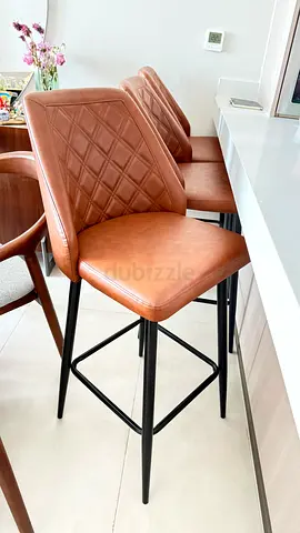 Set of 3 Brown Leather Bar Stools with Black Metal Legs