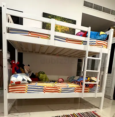 White wooden bunk bed - sturdy kids bunk bed, WITH BRAND NEW 2 Mattresses Danube Pan Home