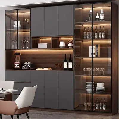 Modern Grey and Wood Wall Cabinet with Glass Display - Large Sideboard
