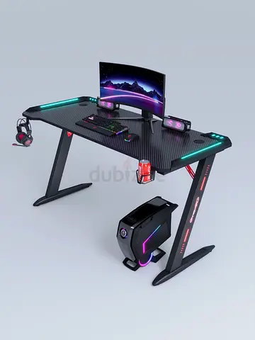 LED Carbon Fiber Gaming Desk with Headset Hook & Cup Holder - Like New
