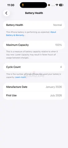 iPhone - Battery Health 100% (First used Jul 2026)