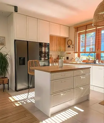 White Kitchen Island with Wooden Top - Built-in Storage,