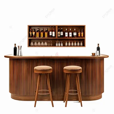 Wooden Home Bar Counter with 2 Stools and Wall Shelf