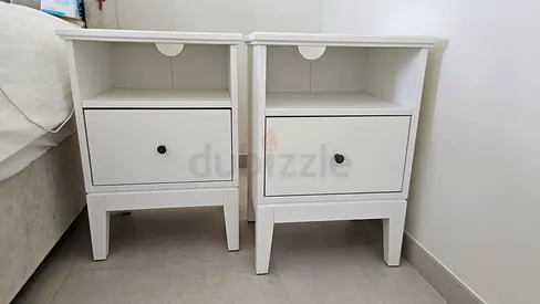 2 white wooden bedside tables / nightstand