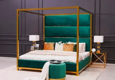 Green velvet canopy king bed with gold frame
