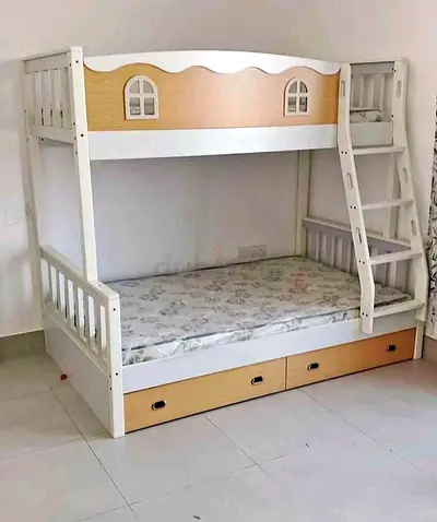 White and wood kids bunk bed with storage drawers and ladder — good condition
