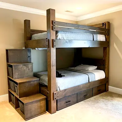 Solid Wood Bunk Bed with Storage Drawers and Stairs
